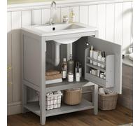 Lcoho Mueble de baño individual para lavabo de 60 cm con lavabo de cerámica, con estante, color gris claro