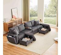 Lcoho Sofá de pana en forma de U con 2 taburetes, lámpara de lectura, estante plegable, soporte para bebidas y USB/Type-C, reposabrazos en ambos lados con iluminación LED decorativa, gris, dimensiones