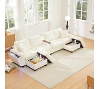 Lcoho Sofá de pana en forma de U con 2 taburetes, lámpara de lectura, estante plegable, soporte para bebidas y USB/Type-C, reposabrazos en ambos lados con iluminación LED decorativa, beis, dimensiones