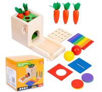 lcvtos Caja Montessori 4 en 1,Juguete de Clasificación de Madera, Caja de Monedas, Cosecha de Zanahorias, Palitos a Juego de Colores, Caída de Pelota, para Niños De 2 3 4 Años Niños Niñas