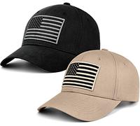 LCZTN Paquete de 2 gorras de béisbol de la bandera americana para hombres y mujeres, de perfil bajo, sombrero liso para papá, Negro y caqui, talla única