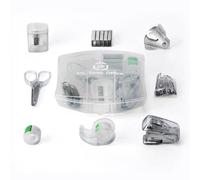 LD Products - Mini kit de suministros de oficina transparente con tijeras, clips de papel, dispensador de cinta, sacapuntas, engrapadora y removedor de grapas