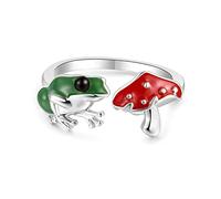 Ldabrye Anillo de setas Rana verde-Seta roja Anillos abiertos Vintage Colorido Lindo Animal Ajustable Joyería personalizada Regalo Animal Dedo