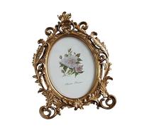 Ldabrye Elegante marco de fotos ovalado de resina envejecida, flores doradas, imagen de escritorio para decoración clásica del hogar y exhibición de fotos de escritorio