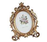 Ldabrye Elegante marco de fotos ovalado de resina envejecida, flores doradas, imagen de escritorio para decoración clásica del hogar y exhibición de fotos de escritorio