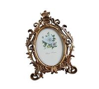 Ldabrye Elegante marco de fotos ovalado de resina envejecida, flores doradas, imagen de escritorio para decoración clásica del hogar y exhibición de fotos de escritorio