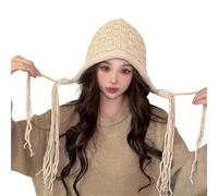 Ldabrye Gorro de punto para mujer, estilo Harajuku, trenzas con flecos, orejeras, sombrero hecho a mano, gorro de ganchillo Y2K, dulce invierno cálido, beige, Talla única