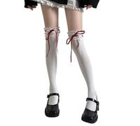 Ldabrye - Medias altas de encaje con volantes y lazo, estilo japonés, elegantes por encima de la rodilla, calcetines largos para mujer, medias altas hasta el muslo, Tubo alto con rojo r, talla nica