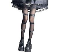 Ldabrye Medias de encaje con patrones abstractos, poliamida elástica suave con cadenas de tobillo desmontables para un aspecto moderno, ropa de fiesta, medias con cinturón de pierna, Negro, Talla