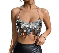 Ldabrye Mujeres Lentejuelas Brillantes Bikinis Sujetadores Crop Top Sin Respaldo Cadena De Metal Borla Dobladillo Camisola Para Club Nocturno Traje De Fiesta Top De Cadena De Lentejuelas