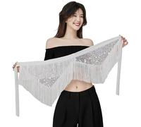 Ldabrye Pañuelo de cadera con lentejuelas para danza del vientre para un reflejo de luz brillante y flecos, falda de cadera, flecos para el vientre, blanco, Talla única