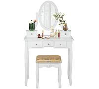 LDAILY Juego de mesa de tocador estable con espejo giratorio de 360°, escritorio de maquillaje con taburete acolchado y 5 cajones para espacios pequeños, tocador de dormitorio para niñas y mujeres