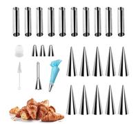 LdawyDE Moldes de Cannol set 27pcs, 20 Molde de Acero Inoxidable Tubo - Molde de Rollo de Panqueque Croissant, 6pcs Juego de Boquillas para Manga Pastelera de Silicona con cepillo de limpieza