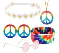 LDBKLGHJ 6 Accesorios Hippie Costume, Gafas Hippie Retro de Signo de la Paz con Arco Iris Pendientes Diadema para Mujeres Niñas Fiesta de Festival Accesorios de aderezo de Hippie de los años 60 70