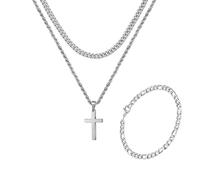 LDBKLGHJ Collar Cruz Hombre Acero Inoxidable 3 Piezas 50cm+60cm+Pulsera Juego de Cadenas Plata Regalo Moderno