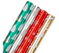 LDGOOAEL Mini rollo de papel de regalo corto de Navidad con líneas de corte en el reverso (17 x 120 pulgadas por rollo), plateado, dorado, rojo y verde con brillo metálico