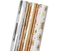 LDGOOAEL Mini rollo de papel de regalo corto de Navidad con líneas de corte en el reverso (17 x 120 pulgadas por rollo), plata, oro y oro blanco con brillo metálico