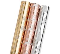 LDGOOAEL Mini rollo de papel de regalo de Navidad corto y pequeño con líneas de corte en el reverso (17 x 120 pulgadas por rollo), dorado plateado oro rosa con diseño de ciervo, copo de nieve y árbol