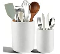 LDHHYH 2 Piezas Soporte Utensilios Cocina de Cerámica Blanca Mate, Porta Utensilios Cocina en Dos Tamaños, Bote Organizador para Cucharas, Espátulas, Tenedores y Encimera
