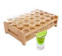 LDHHYH Juego de 24 vasos de chupito de 15 ml con soporte de bandeja, mini vasos de cristal transparente con base gruesa, juego de vasos de chupito para brandy, vodka, whisky, ron