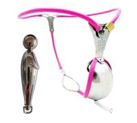 LDOZ Cinturón de castidad masculino, arnés de dispositivos de acero inoxidable con jaula, bragas de hierro en forma de T con cierre de castidad, ropa interior de abstinencia(Pink B with poo hole,100-1