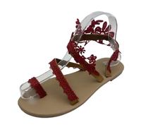 LDOZ Flat Sandals for Women Lace Flower Ring Toe Slip On Slippers Boho style Sandals for Street Shopping(Red,8.5)