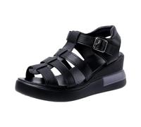 LDOZ Ladies Summer Hollow Buckle Sandals Open Toe Casual Retro Flat Roman Sandals for Street Shopping(Black1,9)