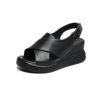 LDOZ Summer Open-Toe Women slippers Fish-Mouth Shoes Leather Buckle Hollow Wedges Women's Thick-soled Sandals(Black-2,8)