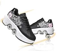LDRFSE Zapatos con ruedas, patines de ruedas, zapatos de skate, zapatos para niños, con ruedas, zapatos de patinaje, zapatos deportivos, zapatillas de correr con ruedas, Polvo negro, 34 EU