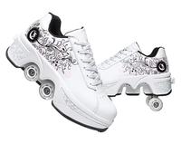 LDRFSE Zapatos con Ruedas, Patines de Ruedas, Zapatos de Skate, Zapatos para niños, con Ruedas, Zapatos de Patinaje, Zapatos Deportivos, Zapatillas de Correr con Ruedas, Polvo Blanco, 36 EU