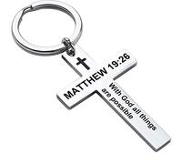 Ldurian Llavero con versículo bíblico con cruz cristiana para mujeres, llavero de cruz para hombres, escritura religiosa, MATTHEW 19:26, Acero inoxidable, Sin gemas.