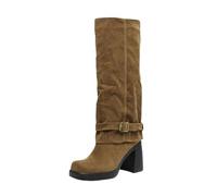 LDXEQIZ Botas Altas De Moda con Punta Cuadrada Botas Largas for Mujer con Tacón Ancho Zapatos De Ante Sin Cordones con Hebilla De Metal Tacones Altos De 9 Cm for Otoño-Invierno, 36-43 EU(Brown,42 EU)
