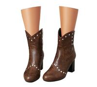 LDXEQIZ Botas Cortas Vintage for Mujer Botines con Remaches De Moda Boots con Punta Redonda Y Tacón Cuadrado Botines De Cuero De PU con Caña Ancha Tacones Altos Sin Cordones, 36-43 EU(Brown,36 EU)