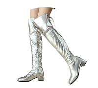 LDXEQIZ Botas por Encima De La Rodilla De Charol PU con Cremallera Botas De Caña Larga con Punta Cuadrada Y Tacón De Bloque For Mujer Tacones Altos con Forro De Felpa For Fiesta/Boda(Silver,38 EU)