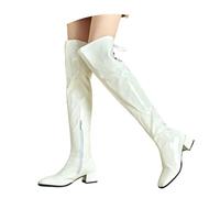 LDXEQIZ Botas por Encima De La Rodilla De Charol PU con Cremallera Botas De Caña Larga con Punta Cuadrada Y Tacón De Bloque For Mujer Tacones Altos con Forro De Felpa For Fiesta/Boda(White,39 EU)