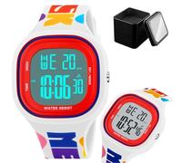LDZDGD Reloj Digital Cuadrado de Moda, Sumergible 50M, con Cronómetro, Alarma, Calendario, Luz de Fondo, Reloj Deportivo Unisex de Silicona(Red and White)