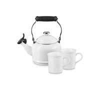 Le Creuset Hervidor Demi esmaltado en acero con acabados metálicos y gres, juego de 2 tazas, 1.25 cuartos de galón, hervidor de agua y (2) tazas de 14 onzas, blanco