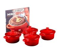 Le Creuset Stoneware Set of 4 Mini Cocottes with Cookbook, 8 oz. each, Cerise