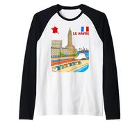 Le Havre Francia Skyline Retro Viajes Ilustración Camiseta Manga Raglan