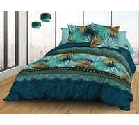 Le Linge de Jules Juego de Sábanas + Funda de Edredón 160x200 + 2 Fundas de Almohada - Puro Algodón 57 Hilos - Paraíso, Azul, Verde, Azafrán