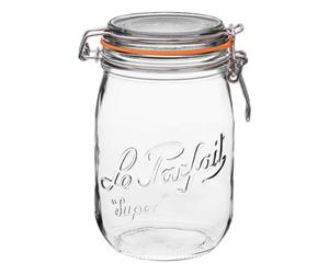 Le Parfait Super Jar - Tarro de vidrio francés de 1 litro con cuerpo redondo, sello de goma hermético y tapa de vidrio, 32 oz/cuarto de galón (tarro único) de alambre inoxidable