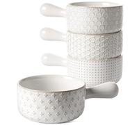LE TAUCI Cuencos de sopa de cebolla francesa, cuencos de sopa de 18 onzas con asas para chile, estofado de carne de res, sopa de cebolla francesa, aptos para horno, 5 pulgadas, juego de 4, blanco