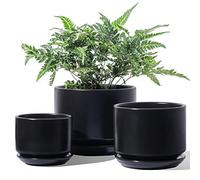 LE TAUCI Macetas de cerámica, 4.3 + 5.3 + 6.8 pulgadas, juego de 3, macetas con agujero de drenaje y platillo, maceta de interior con almohadilla de malla para agujeros, regalos para mamá, color negro