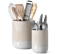 LE TAUCI Portautensilios, 18.5+14cm Cerámica Soporte para Utensilios de Cocina, Grande Botes para Encimera de Cocina, Moderno Organizador para Espátulas, Set de 2, Mármol Beige Esmaltado