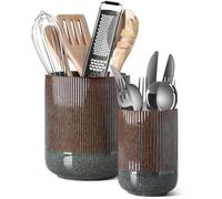 LE TAUCI Portautensilios, 18.5+14cm Cerámica Soporte para Utensilios de Cocina, Grande Botes para Encimera de Cocina, Moderno Organizador para Espátulas, Set de 2, Mármol Oliva Oscuro