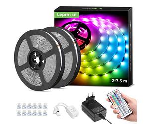 LE Tira Luz RGB 15M, Tira LED 5050 SMD, Tiras Luces LED RGB con Función de Memoria, Voltaje de Entrada 12V, Ángulo de Haz 120°, Fuente de Alimentación y Controlador Incluidos