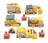 Le Toy Van - Cars & Construction Wooden Construction Vehicles Pretend Play Play Set with Lifting Crane, Scoop, Roller, Digger, Tip-up Truck and Cones Builder Toy, Pretend Play Toy Suitable For Age 3+