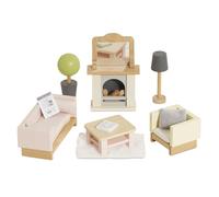 Le Toy Van - ME058 - Salón de casa de muñecas, 3 años, Juego de Muebles de Madera de 19 Piezas, Juguetes ecológicos, Montessori, Incluye Mesa, sofá, sillón, Chimenea, lámpara, Planta de Interior
