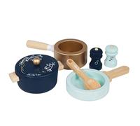 Le Toy Van - TV301 - Juego educativo de ollas y sartenes para niños a partir de 2 años, fabricado en madera certificada FSC, juguetes ecológicos, Montessori, 7 piezas, juego de cocina, sin plástico