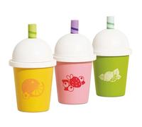 Le Toy Van - TV336 - Juego educativo set 3 vasos de juguete, para niños a partir de 2 años, vasos para batidos y zumos para llevar con pajita, juguetes Montessori en madera natural certificada FSC